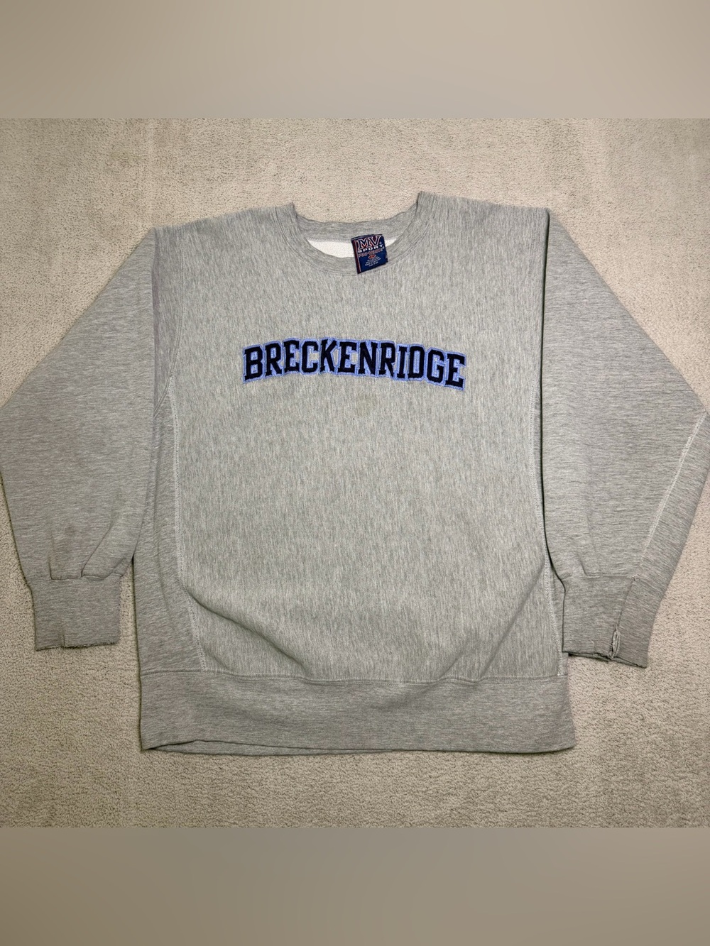 MV Sport Gray Crewneck Sweatshirt with Navy 'BRECKENRIDGE' Embroidery